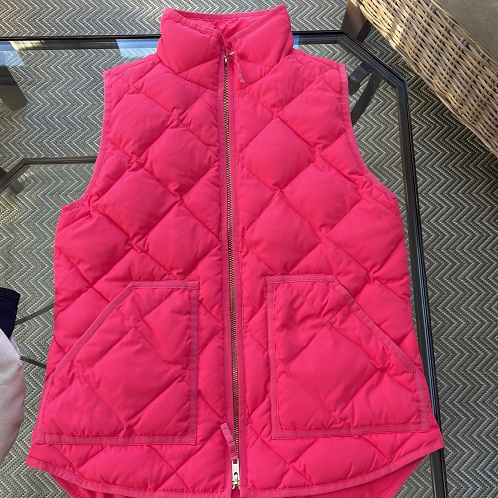 J Crew EUC Pink quilted Down Vest XS Double Zip Stand-up Collar